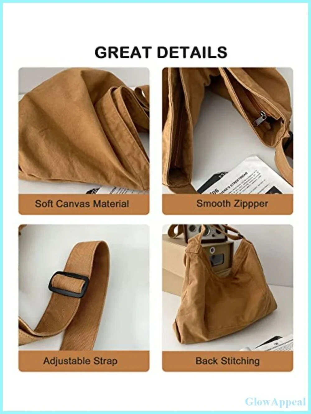 Canvas Hobo Crossbody Messenger Bag Lightweight Tote for Everyday
